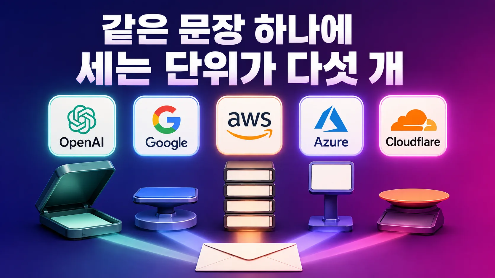 오픈AI·구글·AWS·애저·클라우드플레어의 AI 가드레일 서비스가 각각 다른 계량기로 같은 문장을 재고 있는 모습을 나타낸 일러스트